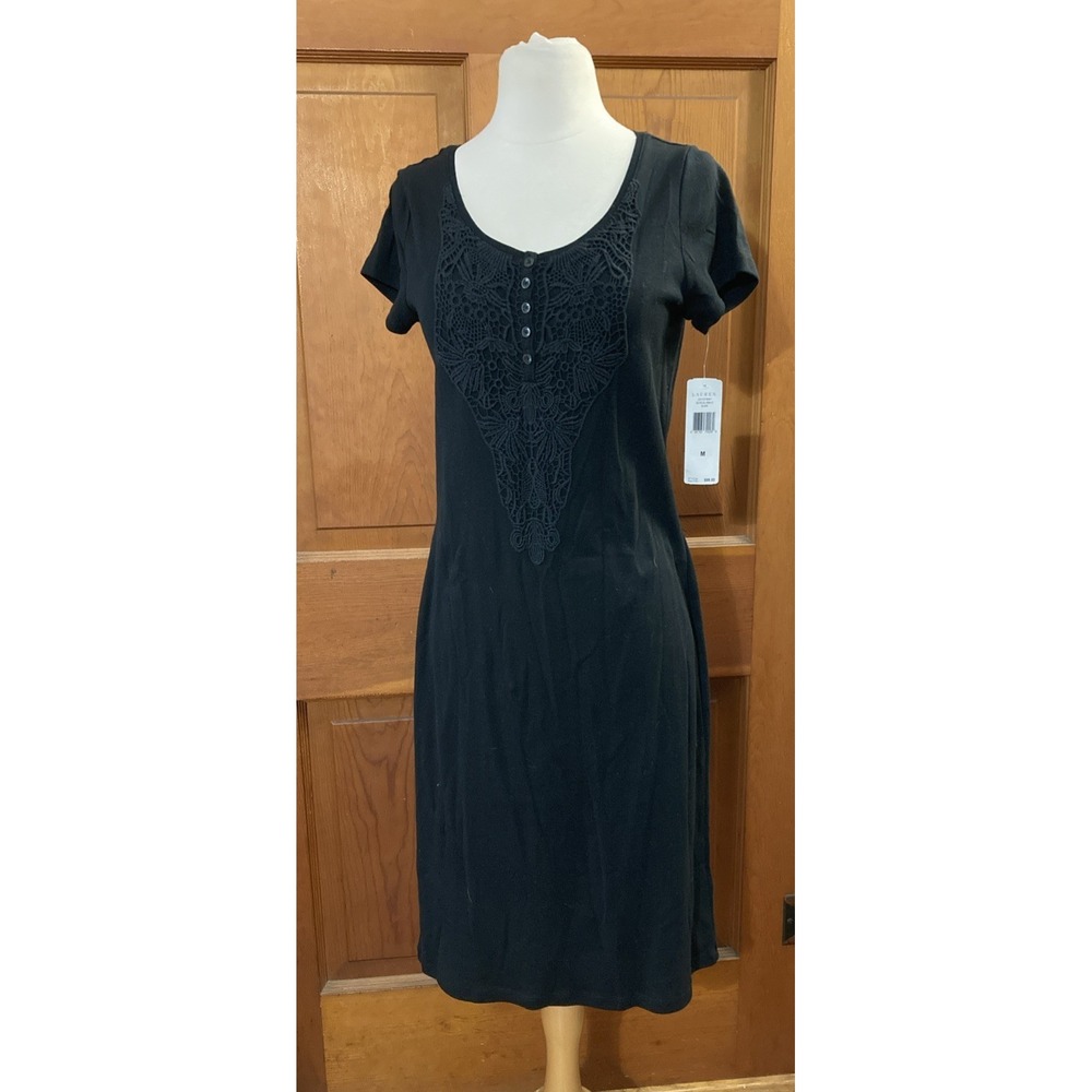 Lauren Ralph Lauren Shirt Dress Sz M New Black Crochet Short Sleeve Midi Stretch